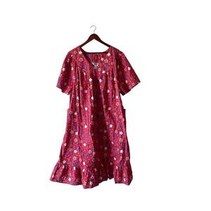 Vintage Americana Red Star Print House Dress Muumuu V-Neck Pockets‎ large-3x